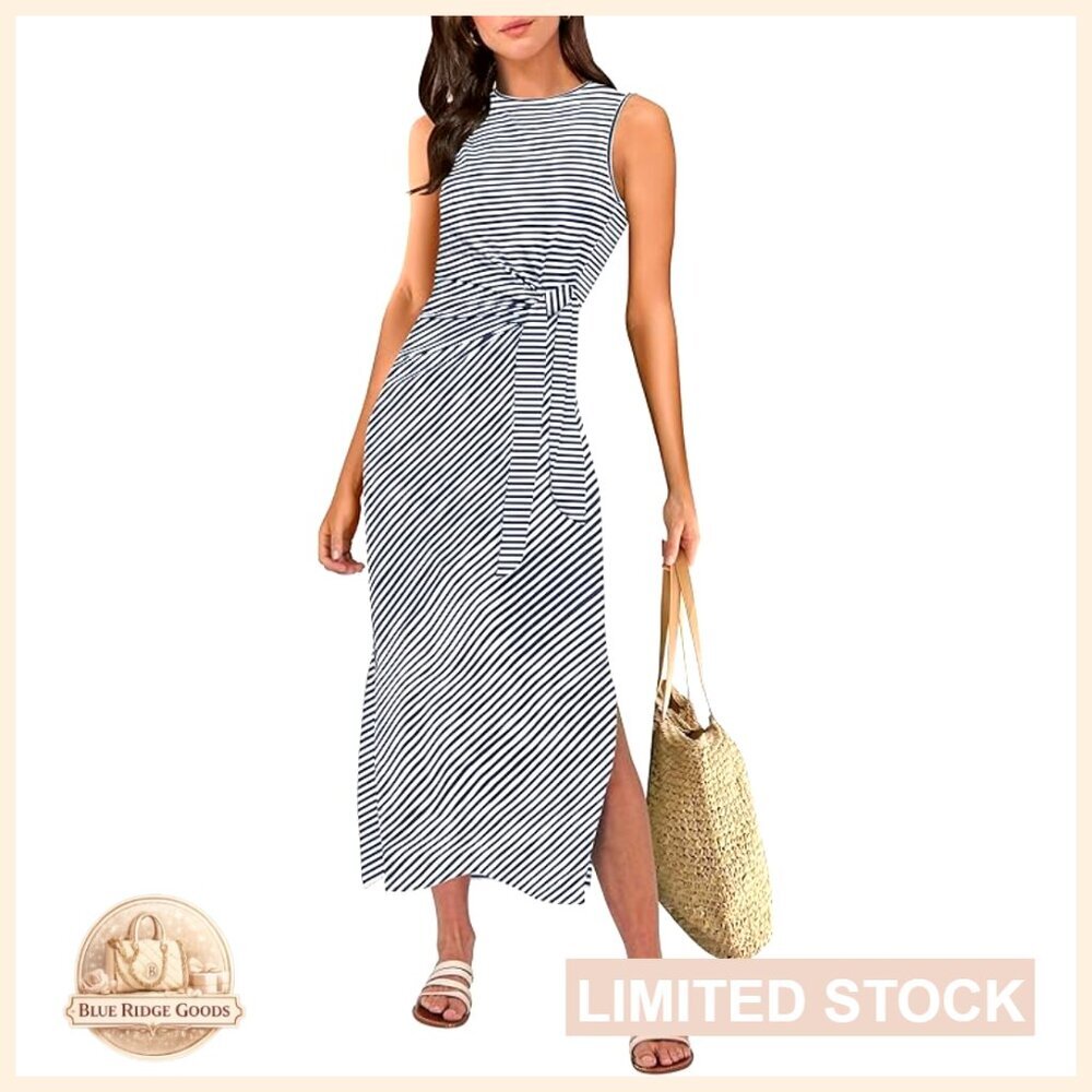 Slim Fit Sleeveless Midi Dress Tie Waist Split Hem Modern Chic Vacation Wear